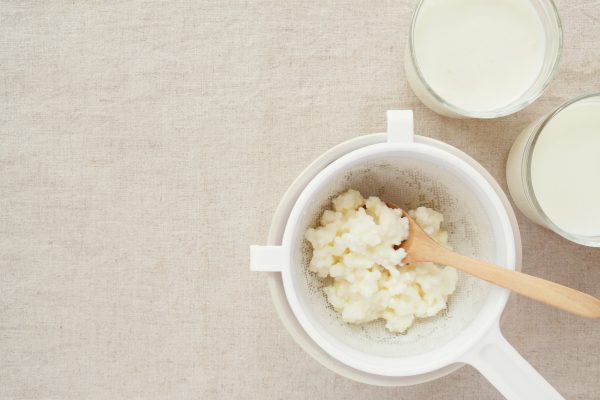 Organic probiotic milk kefir grains, Tibetan mushrooms in plastic sieve and kefir milk in glass containers Kéfir, alimento probiótico, es una bebida fermentada originaria de los países del Cáucaso