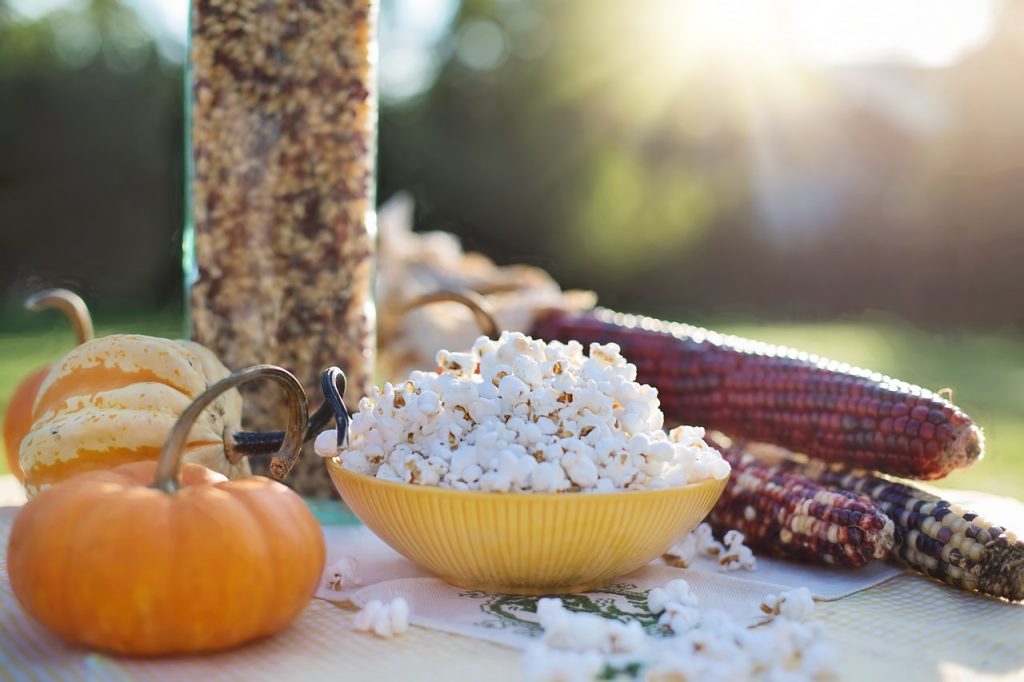palomitas de maiz sobre una mesa al aire libre y acompañada de calabazas y maíz natural Palomitas de maíz, una merienda ideal para personas con diabetes