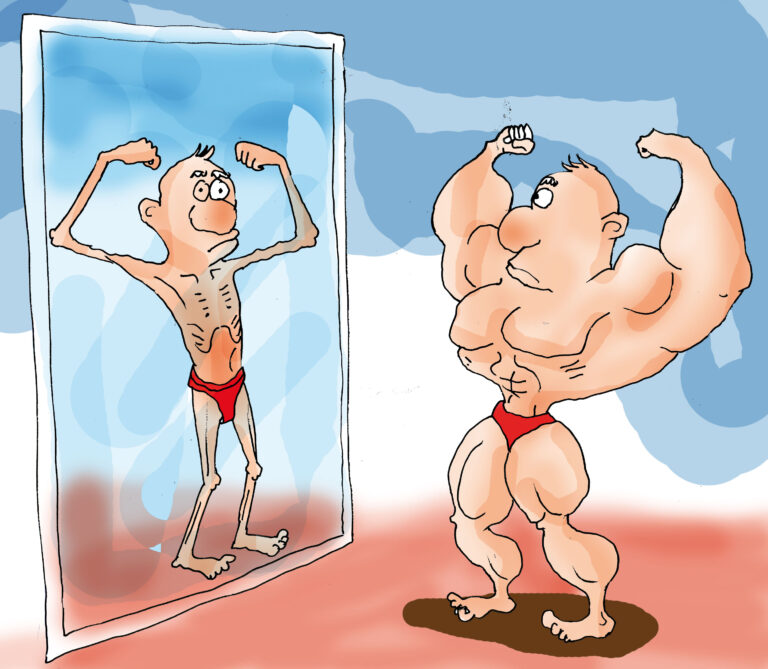 caricatura de hombre que sufre de Vigorexia